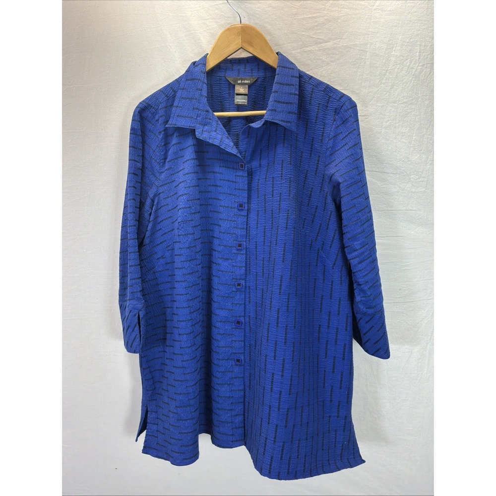 Ali Miles Top Womens L Blue Black Crinkle Artsy Art to Wear Tunic Boho Casual